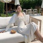 Lantern-sleeve Ruffle Hem Midi A-line Dress