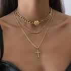 Lettering Cross Pendant Layered Alloy Necklace