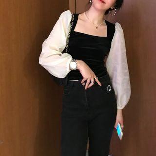 Square-neck Velvet Panel Top