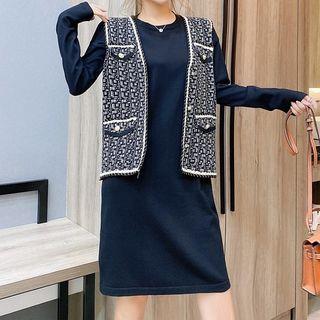 Set: Short Sweater Dress + Knit Vest Dress - Black - One Size / Vest - Black & White - One Size