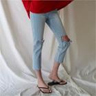 Slit-knee Distressed Straight-cut Jeans