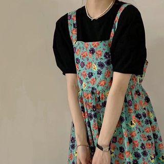 Short-sleeve Plain T-shirt / Floral Print Midi A-line Overall Dress