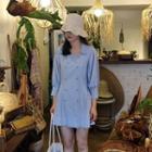 3/4-sleeve Double Breasted Mini Striped Dress