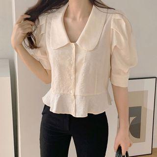 Puff-sleeve Ruffle Hem Blouse Almond - One Size