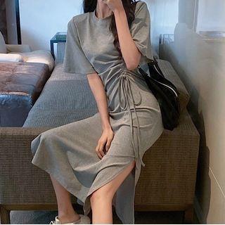 Asymmetric Drawstring Slit Midi A-line Dress