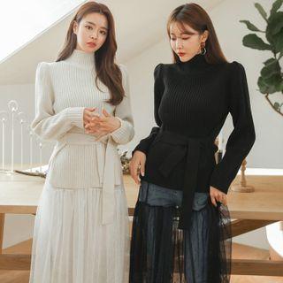 Tie-waist Turtleneck Sweater