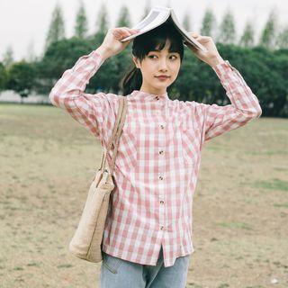 Gingham Band Collar Long-sleeve Shirt