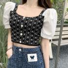 Puff-sleeve Square-neck Print Knit Top