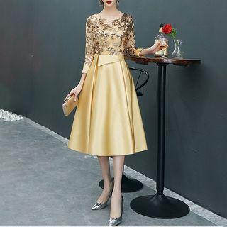 Sequined 3/4-sleeve A-line Prom Dress