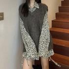 Long-sleeve Leopard Chiffon Shirt / Knit Vest