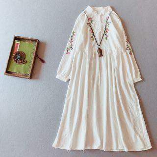 Long-sleeve Frog Button Embroidered Midi A-line Dress
