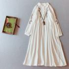 Long-sleeve Frog Button Embroidered Midi A-line Dress