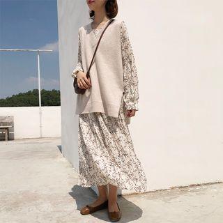 Long-sleeve Floral Print Chiffon Dress White - One Size