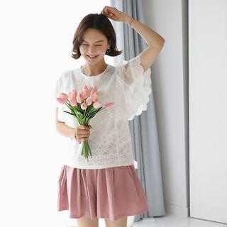 Flutter-sleeve Laced Top Ivory - One Size