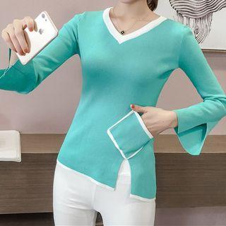 Bell-sleeve Cut-out V-neck Knit Top