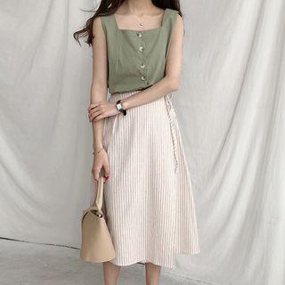Plain Tank Top / Pinstriped Midi Skirt