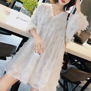 Balloon-sleeve V-neck Fringe A-line Dress