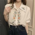 Puff-sleeve Flower Embroidered Shirt White - One Size