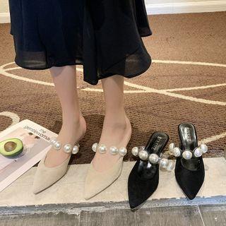 Pointed Toe Beaded Kitten Heel Mules