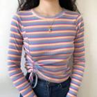 Round Collar Rainbow Striped Long Sleeve T-shirt
