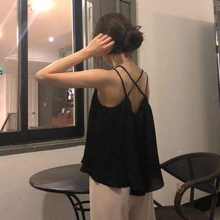 Double Strap Open Back Pleated Chiffon Top