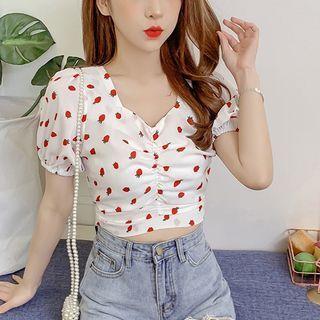 Strawberry Print Short Sleeve Crop Top