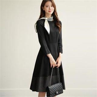 3/4-sleeve Stripe-trim A-line Dress