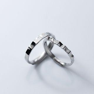 Textured Rhinestone Sterling Silver Ring 2 Pcs - Silver - One Size