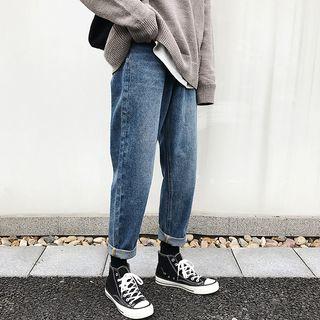 High-waist Plain Fleece-lining Wide-leg Jeans