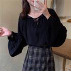 Long-sleeve Tie-neck Blouse Black - One Size
