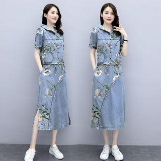Set: Short-sleeve Denim Shirt + Floral Embroidered Midi Skirt