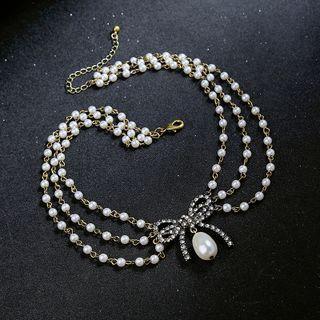 Rhinestone Ribbon Faux Pearl Layered Necklace Gold & White - One Size