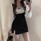 Long-sleeve Mock Two-piece Mini Bodycon Dress Black & White - One Size