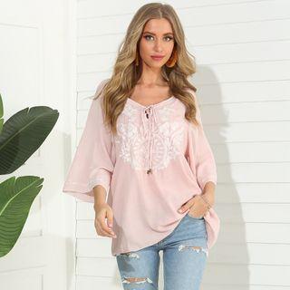 3/4-sleeve Tie-front Embroidered Blouse