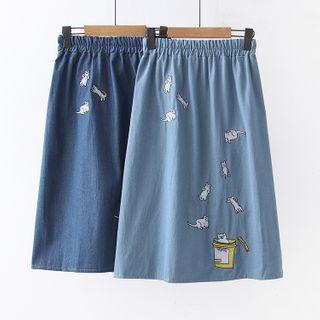 Cat Print Denim Skirt