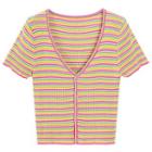 V-neck Striped Short-sleeve Knit Top Pink Trim - Stripes - Multicolor - One Size