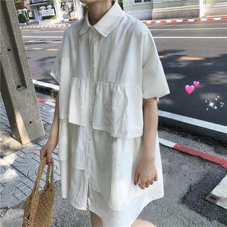 Elbow-sleeve Mini Shirt Dress White - One Size