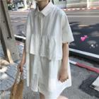 Elbow-sleeve Mini Shirt Dress White - One Size