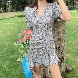 Puff-sleeve Floral Print Drawstring Mini Mermaid Dress
