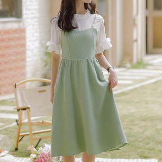 Bell-sleeve Top / Midi A-line Overall Dress / Set
