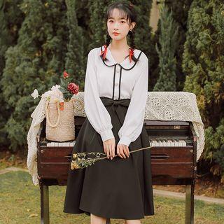 Collared Puff-sleeve Blouse / Plain Tie-waist Skirt / Set Of 2