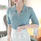 Open-placket Piped Knit Polo Shirt