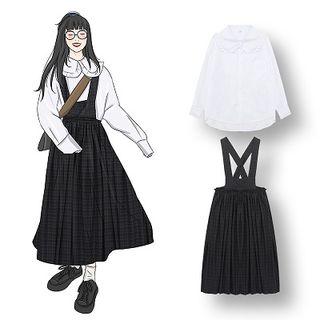 Plaid Midi Pinafore Dress / Frilled Trim Shirt