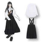 Plaid Midi Pinafore Dress / Frilled Trim Shirt