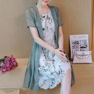 Set: Sleeveless Floral A-line Dress + Short-sleeve Chiffon Light Jacket