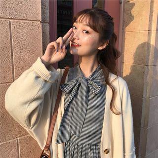 Houndstooth Tie-neck Long-sleeve A-line Dress