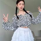 Off Shoulder Floral Cropped Blouse / Tiered Mini Skirt