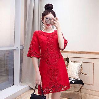Bell-sleeve Jacquard Mini A-line Dress