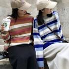 Stripe Sweater/ Slit Midi Knit Skirt