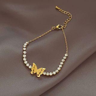Butterfly Rhinestone Alloy Bracelet Gold Butterfly & Silver Rhinestone - Gold - One Size